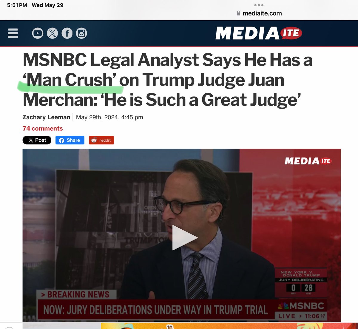 “Man crush” on a Judge in an important case? Great judge? I taught evidence and I would have flunked Merchan for allowing the irrelevant and sensational testimony of Stormy Daniels discussing sex. It had zero to do with the indictment and was only to inflame the jury.