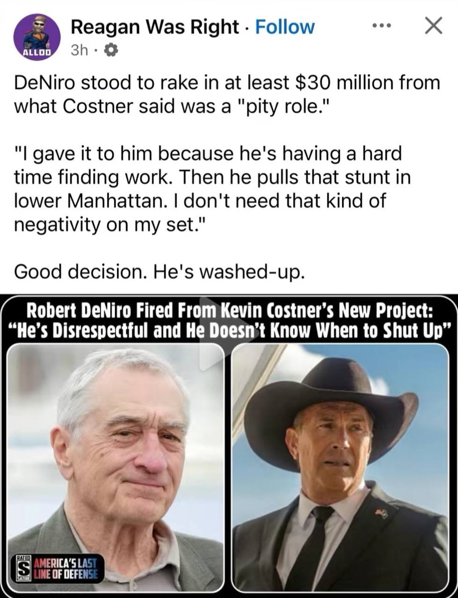 Costner '' Done with DeNiro. Will you pull a Stunt like that, I don't need that kind of Negativity.