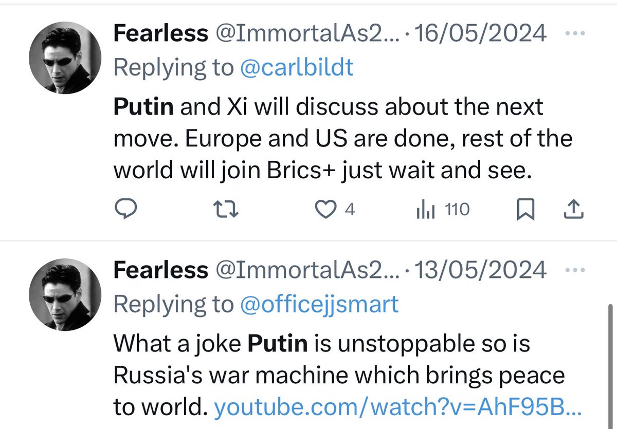 @ImmortalAs2O3 Check out this putin lover that feels that “Europe and us are dоne”⬇️ Cry more vatnik 🍸