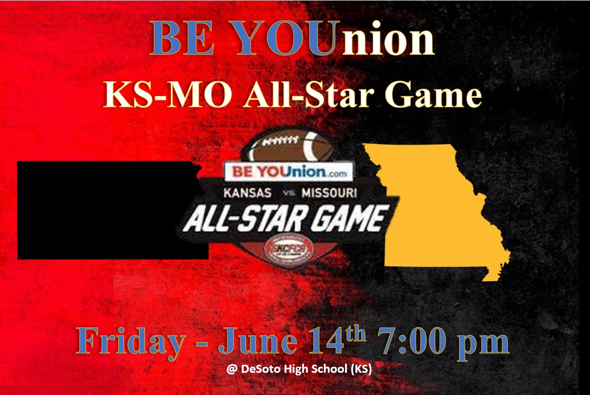 The_GKCFCA's tweet photo. TWO WEEKS away from the 31st Annual BeYOUnion Kansas vs. Missouri All-Star game!  Kansas City's elite football seniors from both sides of the state line representing their HS's one last time! Get your tickets today!  DeSoto HS June 14th 7:00pm #BorderWarKC
https://t.co/A5vQzUPmNu https://t.co/PxseUWI0H1