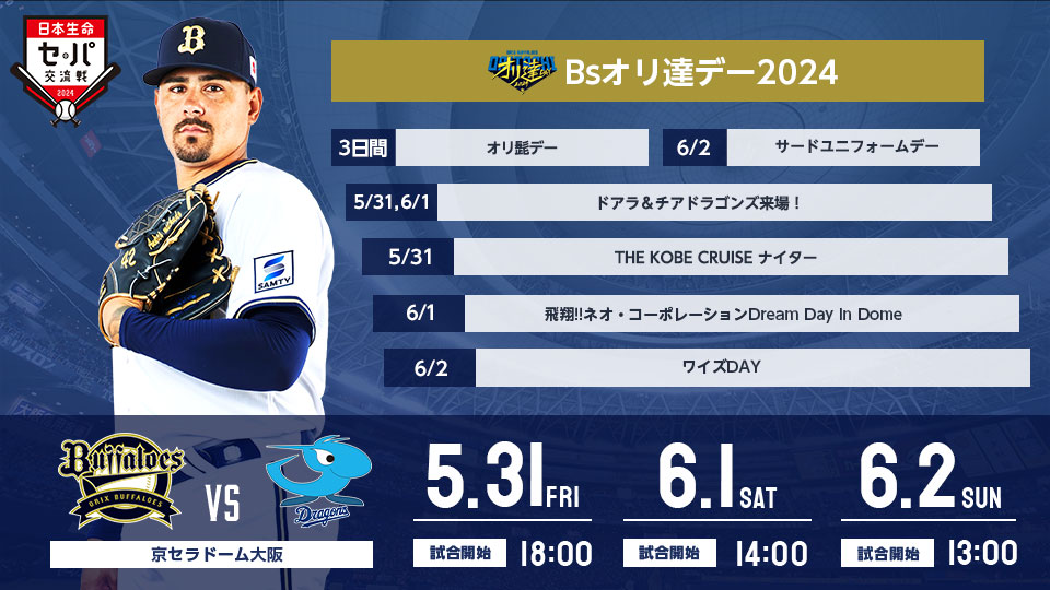 5/31（金）～6/2（日）京セラドーム大阪で開催される試合＆イベント情報について、お知らせいたします。 buffaloes.co.jp/news/detail/20… #Bs2024