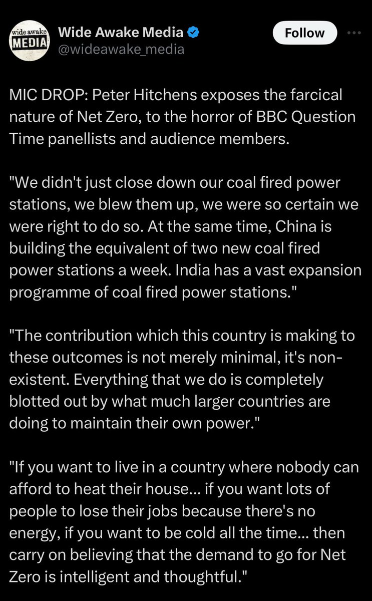 Peter Hitchens mic drop moment in the heart of the guardianista, net zero hive mind. And China doesn’t need a net zero agenda, it’s already a communist state.