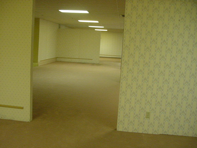 here's some new info that i uncovered - before it was a hobbytown, the space that was the backrooms was a furniture store called rohner's for decades, and here is a photo of what i believe is the room as it appeared from an ad from 1977. the ceiling lights are a match