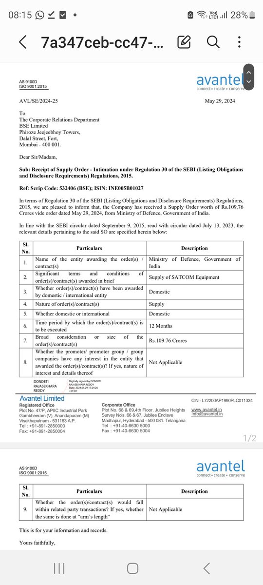 Avantel (532406) receives 110 cr order for supply of Satellite communication  equipment. FY 24 turnover was 224cr. 
Entry into space and medical devices biz likely to play out from FY 26. Should be big growth drivers going forward.