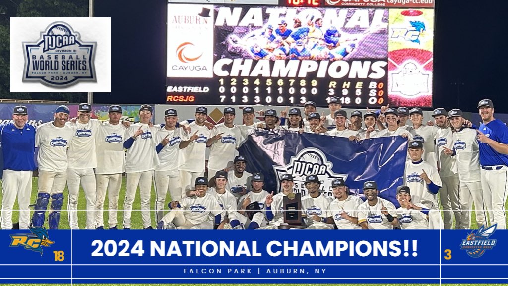 Congrats to our 2024 NJCAA Div. III Champion Roadrunner Baseball team, who repeated as national kingpins with an 18-3 win over Dallas Eastfield Wednesday in Auburn, NY. Ernesto Polanco leads offensive assault with 5 hits &amp; 5 RBIs. Watch for wrap at rcroadrunners.com