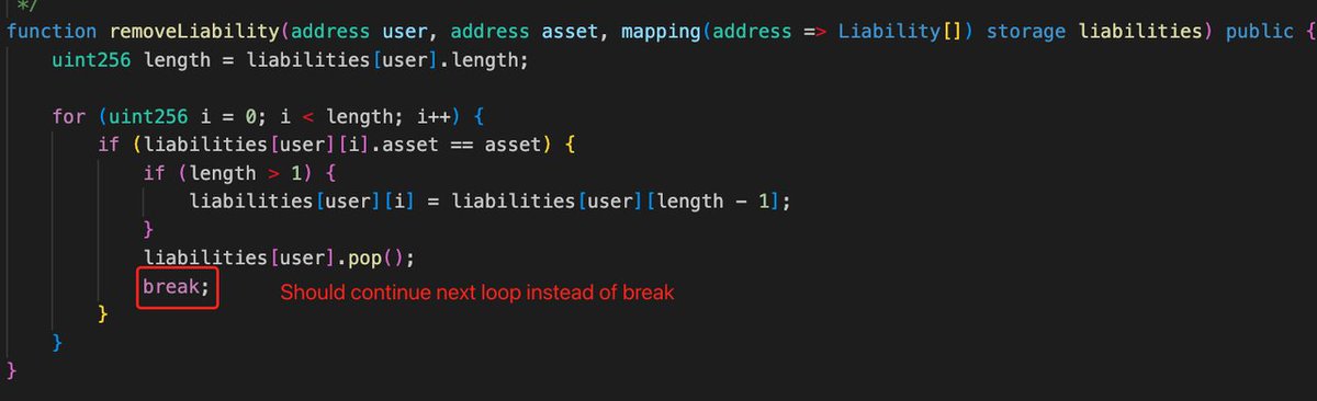 MetaSec_xyz's tweet photo. @TradeOnOrion The root cause of the issue lies in the inadequate handling logic of the removeLiability when updating the user's liabilities. https://t.co/C1NrPjJJsc