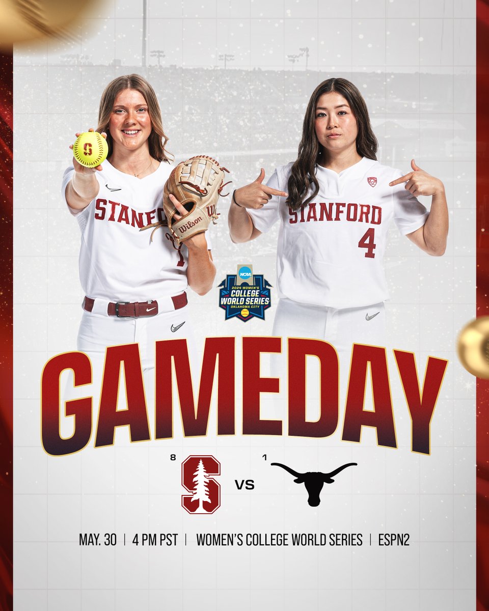 Gameday in Oklahoma City. Bring it on.

🆚 Texas
⏰ 4:00 p.m. PT
🏆 2024 Women's College World Series
📝 tinyurl.com/224a8lwb
📊 tinyurl.com/2yrktkda
📺 <a href="/espn/">ESPN</a> 2 (tinyurl.com/2ywz4qrc)

#GoStanford x #WCWS