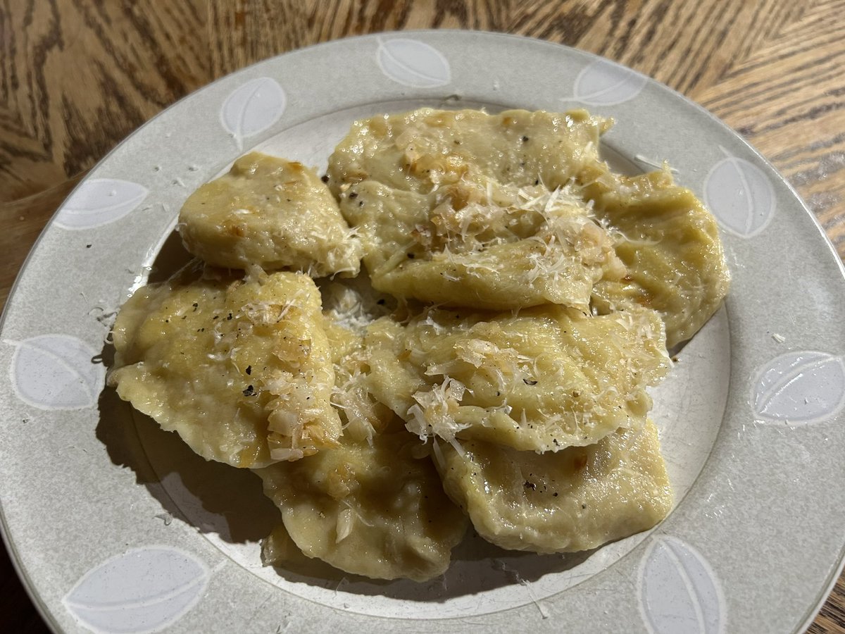 Homemade pierogis with potato, onion, cheese. Eggs are fresh from the hens in the backyard. I haven’t made pierogis in about a decade. Needs a few little tweaks but they were decent.