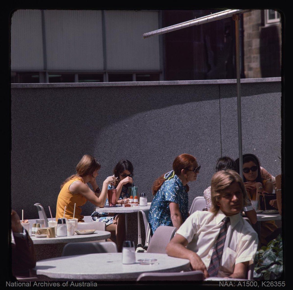 A cigarette and a milkshake at the cafe at Australia Square, Sydney, in 1970 (National Archives of Australia)