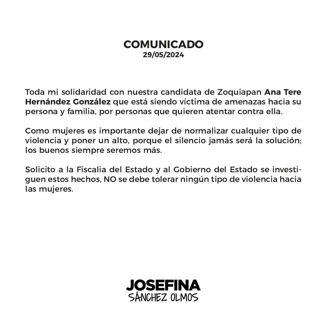 Mi solidaridad con nuestra candidata Ana Tere Hernández González, solicito a la <a href="/FiscaliaPuebla/">FGE Puebla</a> y al <a href="/Gob_Puebla/">Gobierno de Puebla</a> investiguen estos hechos.