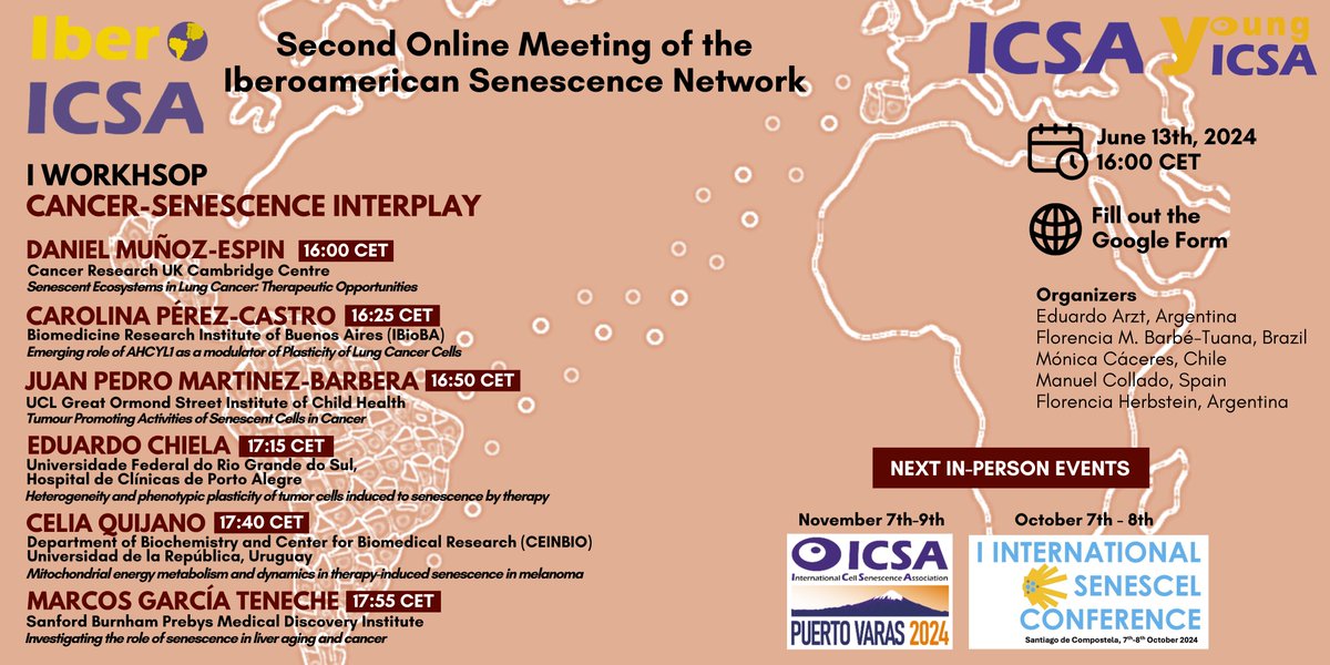 Iberoamerican ICSA (@ibero_icsa) on Twitter photo The wait is over! 🎉 Join us for the next <a href="/Ibero_ICSA/">Iberoamerican ICSA</a> online meeting. Our first workshop dives into cancer and senescence.🗓️13th June, 16:00 CET
Don’t miss out—sign up now! 🔗 forms.gle/fMBfaaPar2Xa2U… The wait is over! 🎉 Join us for the next <a href="/Ibero_ICSA/">Iberoamerican ICSA</a> online meeting. Our first workshop dives into cancer and senescence.🗓️13th June, 16:00 CET
Don’t miss out—sign up now! 🔗 forms.gle/fMBfaaPar2Xa2U…