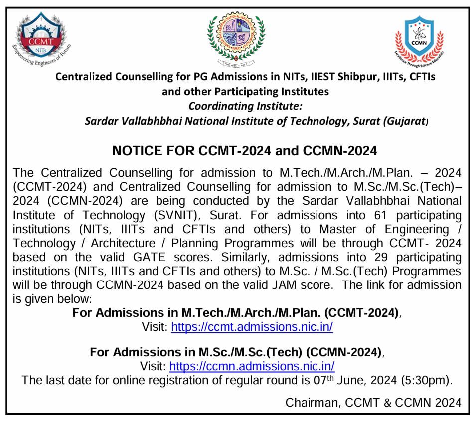 Applications are invited for admission into different M. Tech. (full-time) postgraduate programmes at National Institute of Technology Mizoram through CCMT 2024 for the session 2024-25 in different programmes: