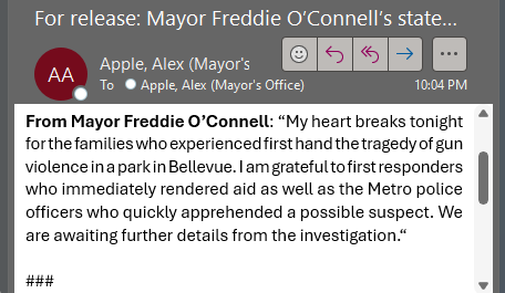 Of all of the teenage shootings we have weekly in Nashville, @freddieoconnell decides to issue a statement on the one that occurs in Bellevue. Why now? This is out of the ordinary for those not paying attention.