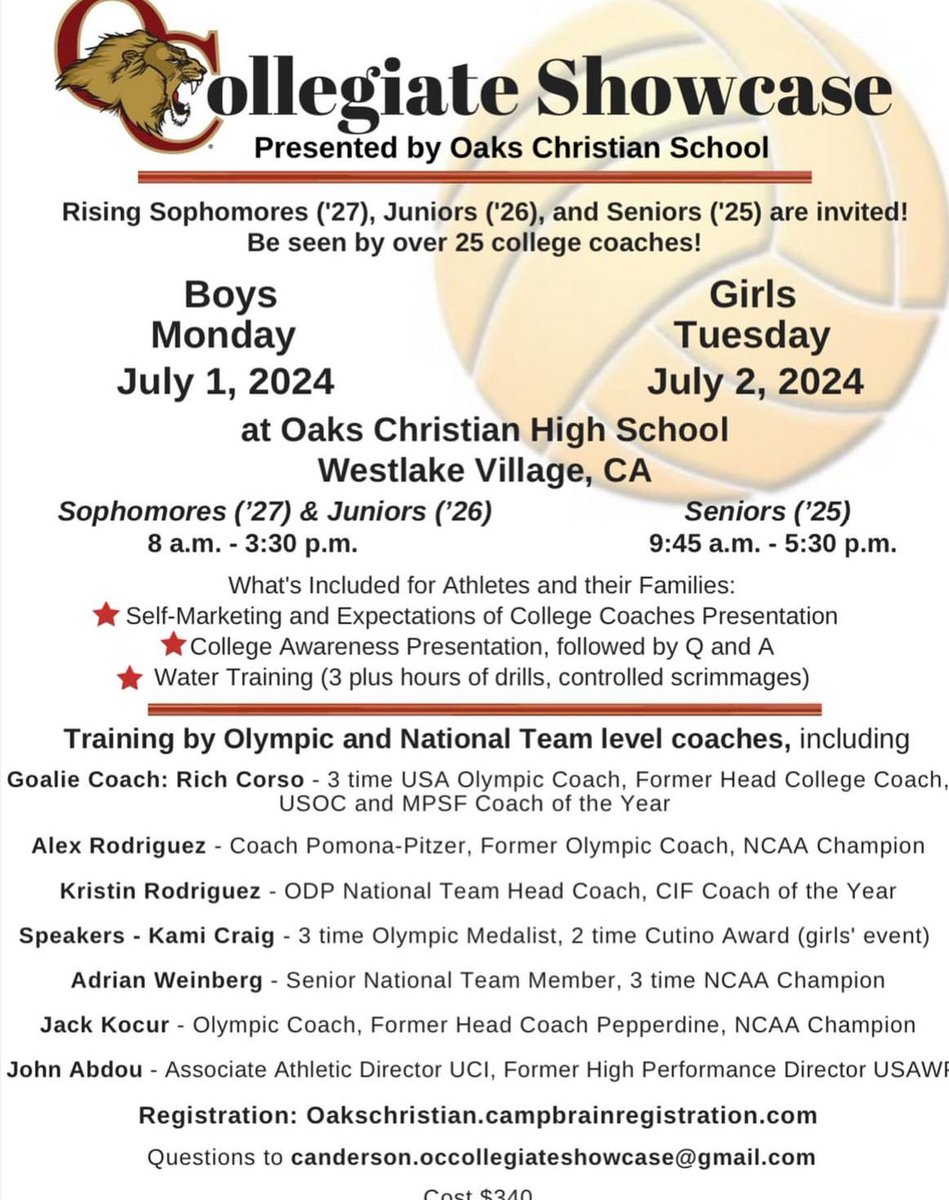 Jack Kocur (@coachkocur) on Twitter photo Over 20 Collegiate Coaches will be in attendance this year at the #OC Collegiate Showcase, Sign up today!
#waterpolo <a href="/StanfordMWP/">Stanford Men's Water Polo</a> <a href="/USCWaterPolo/">USC Water Polo</a> <a href="/UCLAWaterPolo/">UCLA Water Polo</a> <a href="/CalWaterPolo/">Cal Water Polo</a> <a href="/USAWP/">USA Water Polo</a> <a href="/total_waterpolo/">Total Waterpolo</a> <a href="/CWPAWaterPolo/">CWPA-Varsity</a> @PeppWaterPolo <a href="/HarvardH2OPolo/">Harvard Water Polo</a> <a href="/BrownU_WP/">Brown Water Polo</a> <a href="/Pwaterpolo/">Princeton Water Polo</a> Over 20 Collegiate Coaches will be in attendance this year at the #OC Collegiate Showcase, Sign up today!
#waterpolo <a href="/StanfordMWP/">Stanford Men's Water Polo</a> <a href="/USCWaterPolo/">USC Water Polo</a> <a href="/UCLAWaterPolo/">UCLA Water Polo</a> <a href="/CalWaterPolo/">Cal Water Polo</a> <a href="/USAWP/">USA Water Polo</a> <a href="/total_waterpolo/">Total Waterpolo</a> <a href="/CWPAWaterPolo/">CWPA-Varsity</a> @PeppWaterPolo <a href="/HarvardH2OPolo/">Harvard Water Polo</a> <a href="/BrownU_WP/">Brown Water Polo</a> <a href="/Pwaterpolo/">Princeton Water Polo</a>