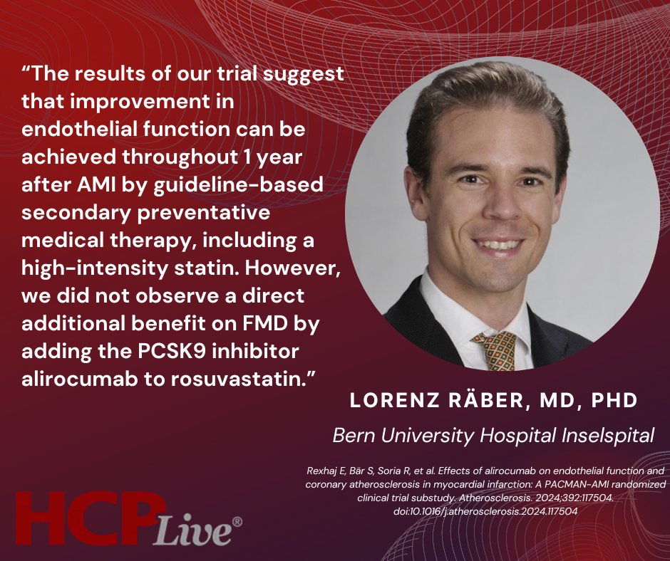 PACMAN-AMI: Alirocumab added to high-intensity statin therapy did not further improve endothelial function in patients with acute myocardial infarction. Read here 👇 hcplive.com/view/pacman-am… #Cholesterol