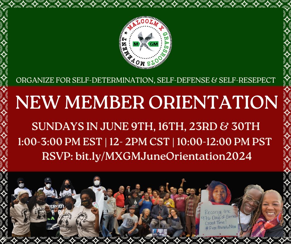 📣✊🏿 Calling all New Afrikans seeking to fight for our people’s right to self-determination & self-defense! Come #FreeTheLand & #FreeEmAll with us! 

✊🏾 National MXGM New Member Orientation 
🗓️ Sundays June 9, 16, 23 & 30*
⏰ 1-3PM EST | 10AM -12PM PST
📍 bit.ly/MXGMJuneOrient…