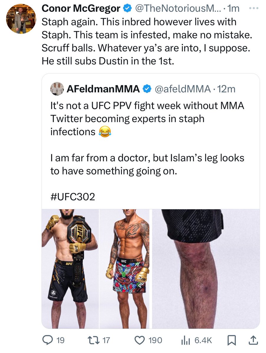 Conor McGregor goes OFF on Islam Makhachev 😳

“This inbred however lives with Staph. This team is infested… He still subs Dustin in the 1st.”

#UFC302 #UFC #MMA