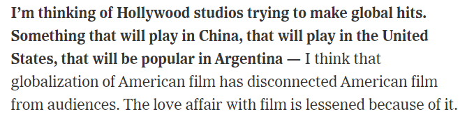 Out of all the 'why don't people go to movies as much these days' hypotheses, I don't think I've run across this one. But this- from the @nytimes @lourdesgnavarro chat w/@netflix's Sarandos- makes a great deal of sense to me: