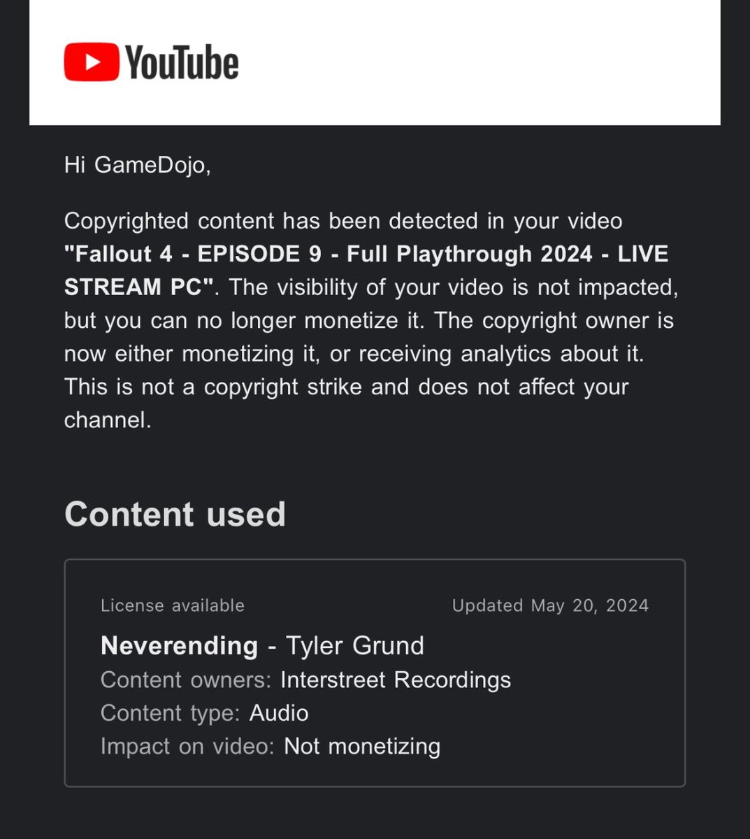 It’s funny. Most of my YouTube posted live streams are not being monitored because I’m playing my music on stream 😂. It’s kinda cool that YouTube recognizes my music as copyright 😉