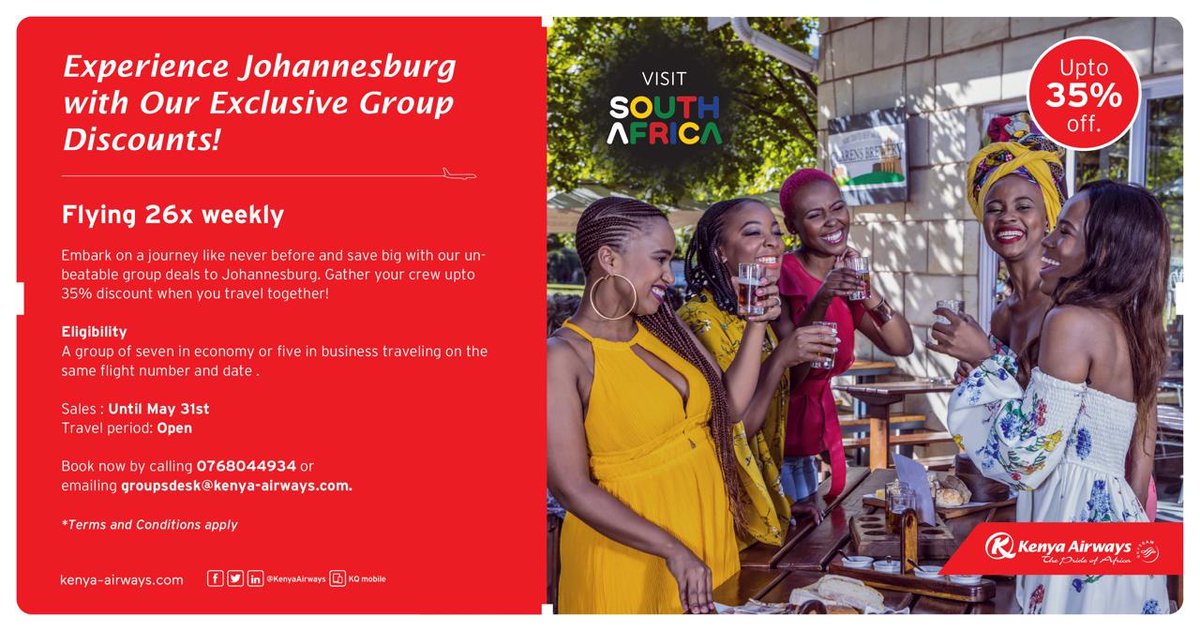 .@VisitSA_Africa has an electrifying opportunity for those craving a group adventure in the pulsating city of Johannesburg.

Enjoy exclusive @KenyaAirways  group discounts of up to 35% on flights to this dynamic destination.

Hurry, this offer ends today!

#VisitSouthAfrica