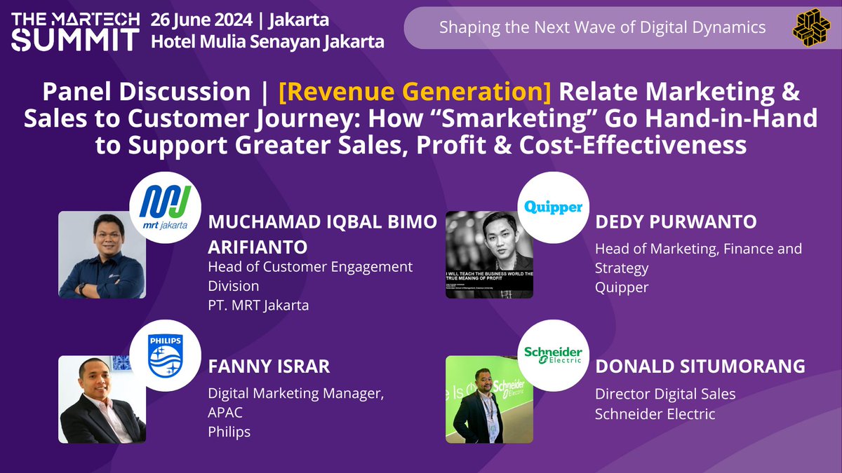 Join #MRTJakarta, #Quipper, #Philips & #SchneiderElectric as they discuss #RevenueGeneration at The MarTech Summit Jakarta on 26 June at Hotel Mulia Senayan Jakarta 👏

🔥 Flash Sale 20% Off until this Friday 31 May: ow.ly/ARom50RY6Xn