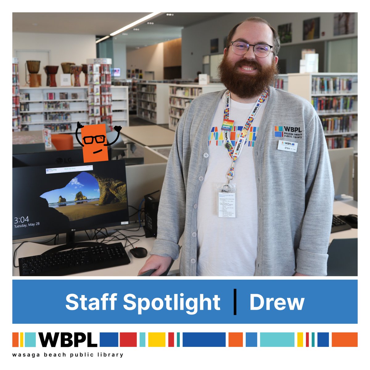 Meet Drew, our Library Technician/Cataloguer! 📚 Drew ensures the never-ending stream of items is added to our collection and ready for you to borrow. When he's not processing new arrivals, he's the VP of Wasaga Beach Community Theatre. #StaffSpotlight #WasagaBeach #FindItHere