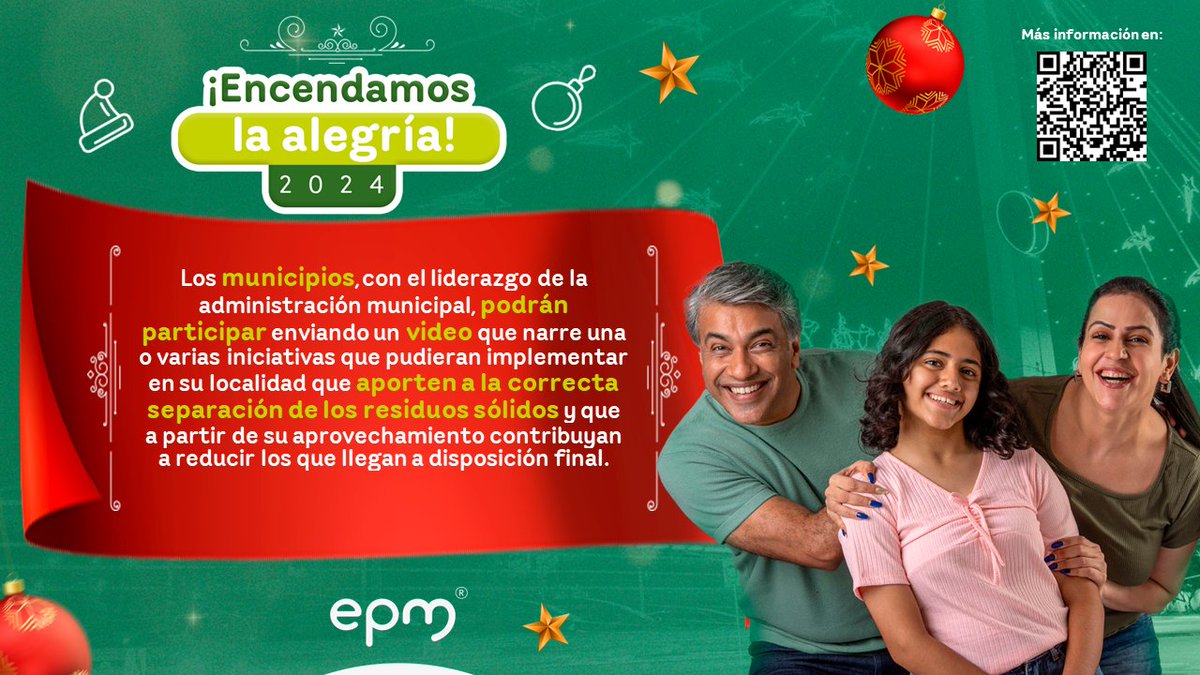 EPMestamosahi's tweet photo. Invitamos a los municipios antioqueños y a El Carmen de Atrato, en el Chocó, a participar en el concurso #EncendamosLaAlegríaEPM que entregará 14 juegos de piezas de Alumbrados Navideños. 

Conoce más aquí 👉https://t.co/3OXOPsCUfr https://t.co/Npg81OOUap