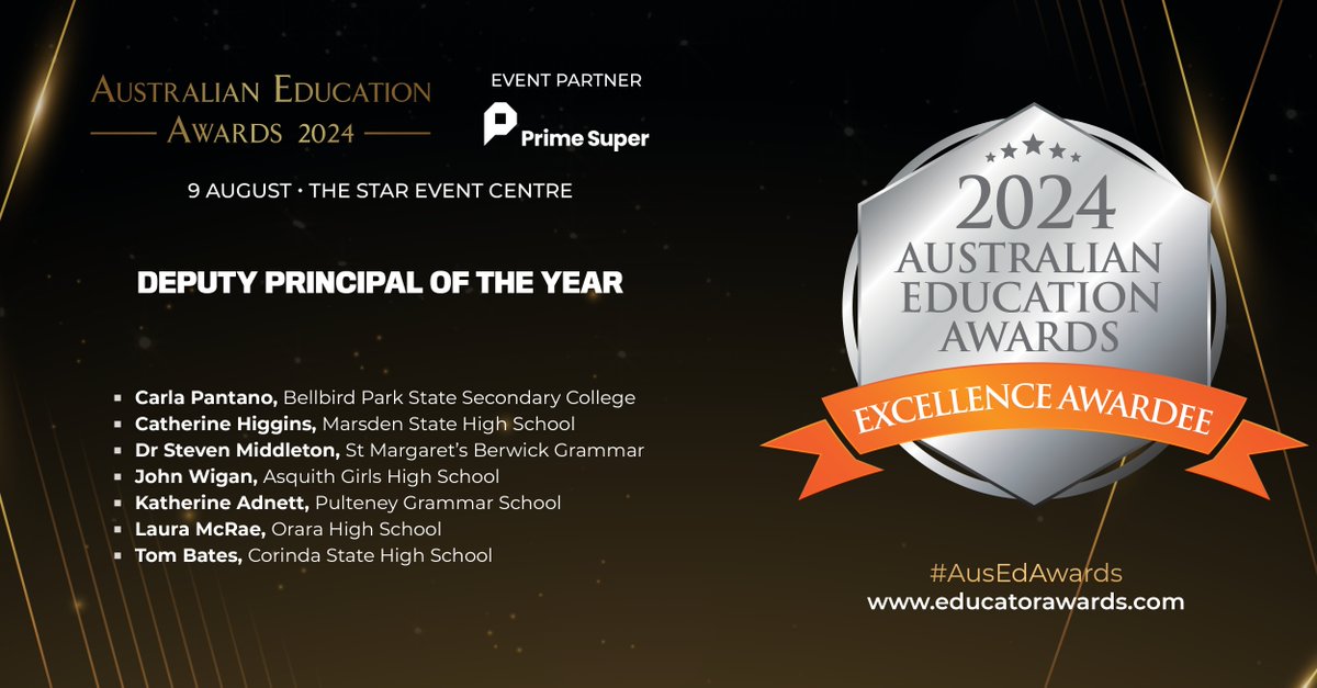 Congratulations to all the Excellence Awardees of the Deputy Principal of the Year at the 2024 #AusEdAwards!

Award winners will be announced on 9 August 2024 at The Star Event Centre.

Register now: hubs.la/Q02ywtzh0

#Education #BestinEducation #EducationLeaders