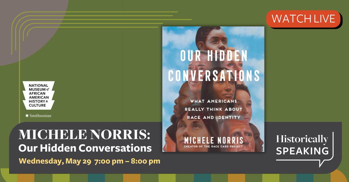 📺 [WATCH LIVE] a book talk on “Our Hidden Conversations: What Americans Really Think About Race and Identity” by Peabody Award-winning journalist @Michele_Norris Author. Dive into her decade-long work on race and identity at The Race Card Project: s.si.edu/44mAPxB