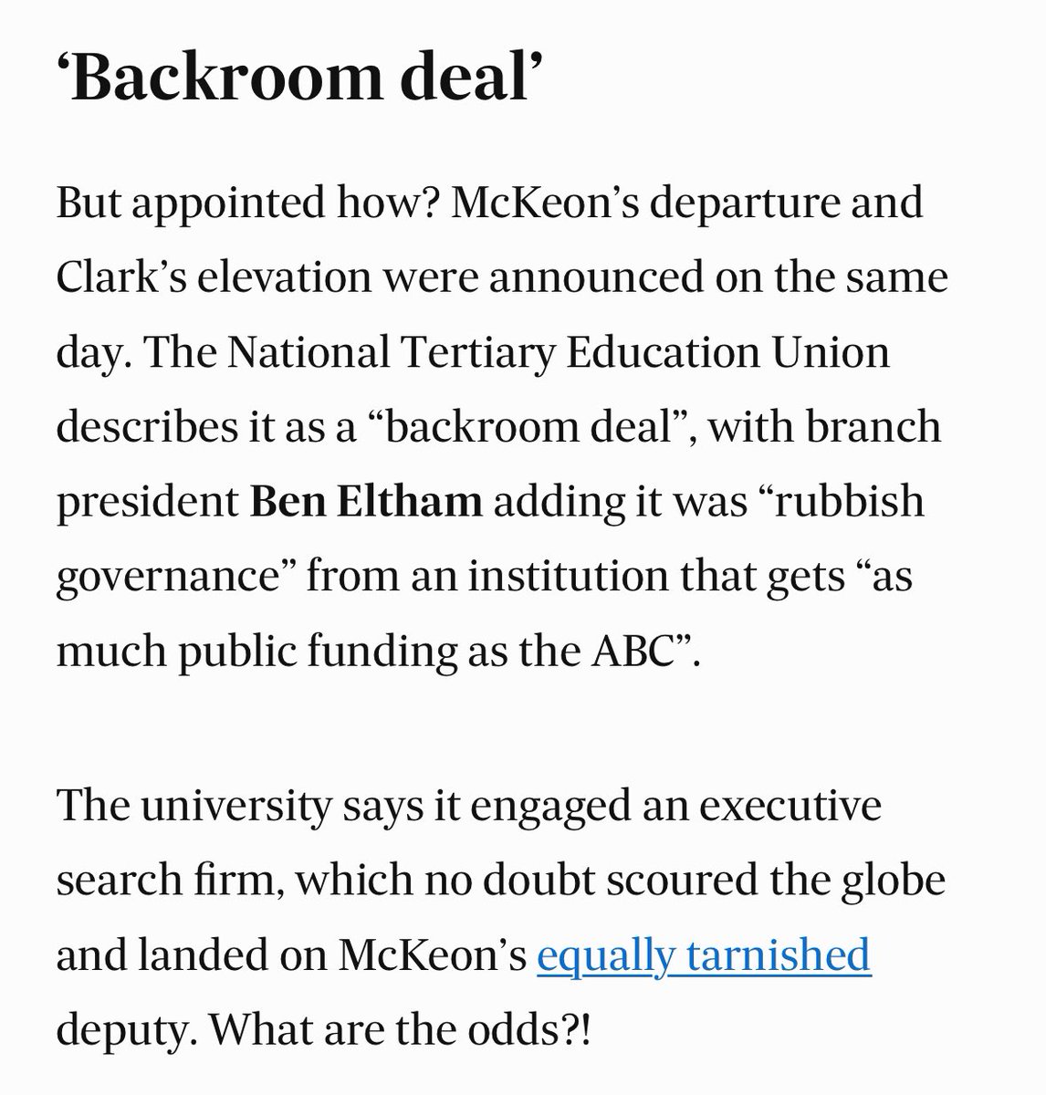 Great column from @myriamrobin on the farcical situation at Australia’s largest university, where the chancellorship has gone from one Rio Tinto board director to another, both who failed in the Juukan Gorge blow up. afr.com/rear-window/it…