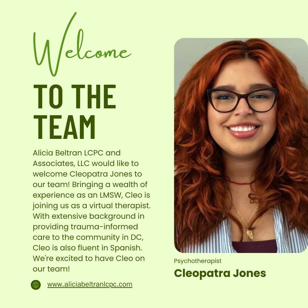 Please join us in welcoming Cleopatra Jones to the Alicia Beltran LCPC and Associates, LLC team!
#therapy #Therapist #therapygroup #marylandtherapist #welcomecleototheteam #aliciabeltranlcpcandassociatesllc #AliciaBeltranLCPCandAssociatesLLC