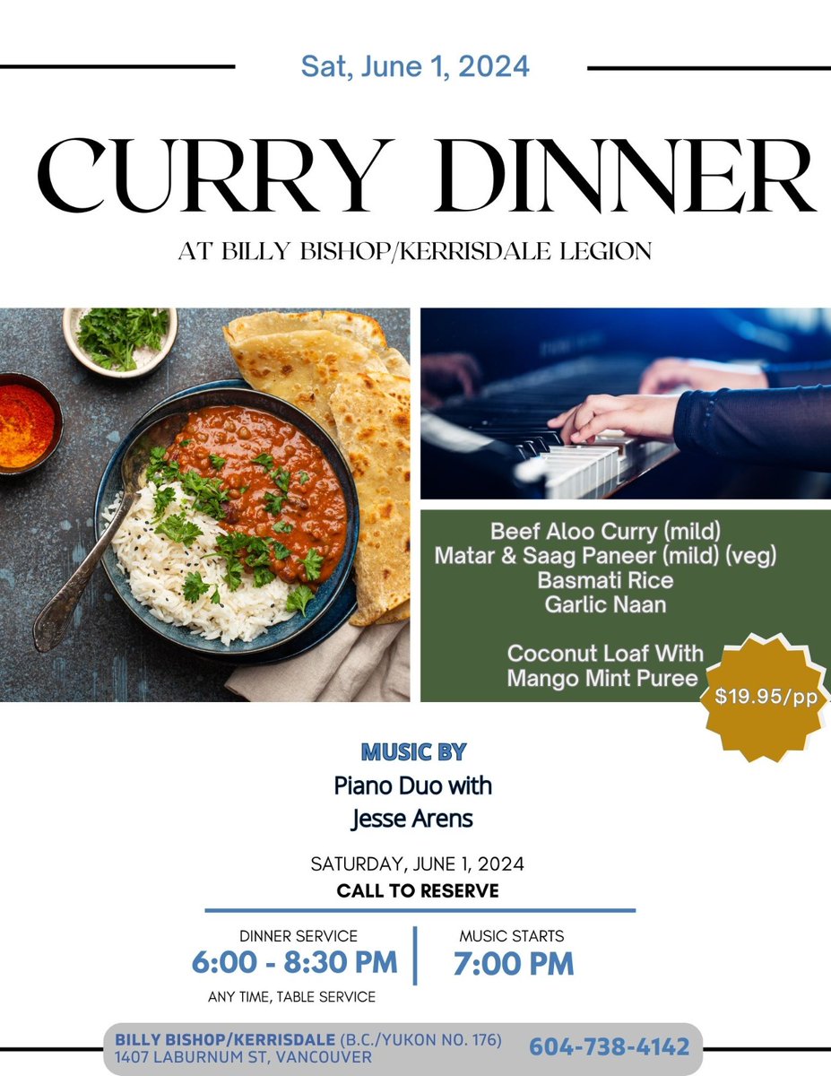 This Saturday night we're switching up the menu! Please join us for our first-ever Branch Curry Night! You can chose between beef curry (mild) or veg (matar &amp; saag paneer), served with basmati rice, garlic naan and coconut loaf with mango mint puree. Cost is $19.95 per person.