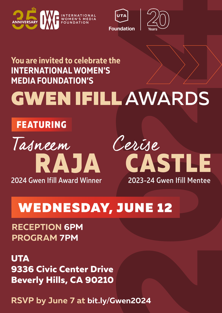 IWMF's tweet photo. 📣 Los Angeles: We're heading your way! Join us at @UTAFoundation on June 12 for the 2024 Gwen Ifill Awards, honoring @tasneemraja & featuring a conversation with Gwen Ifill Mentee – and 2022 #IWMFCourage winner – @cerisecastle. RSVP by June 7 at https://t.co/zlslVLd5xP! https://t.co/pmwJfl1mOH