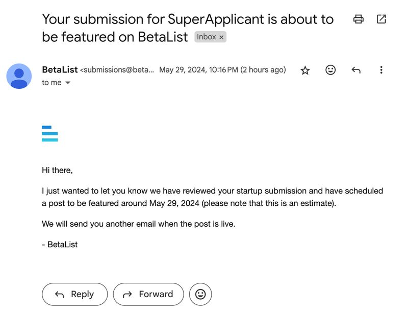 SuperApplicantA's tweet photo. Soon, SuperApplicant will be featured on BetaList 🎉 ⌛️ https://t.co/K1QSpIKHQ0