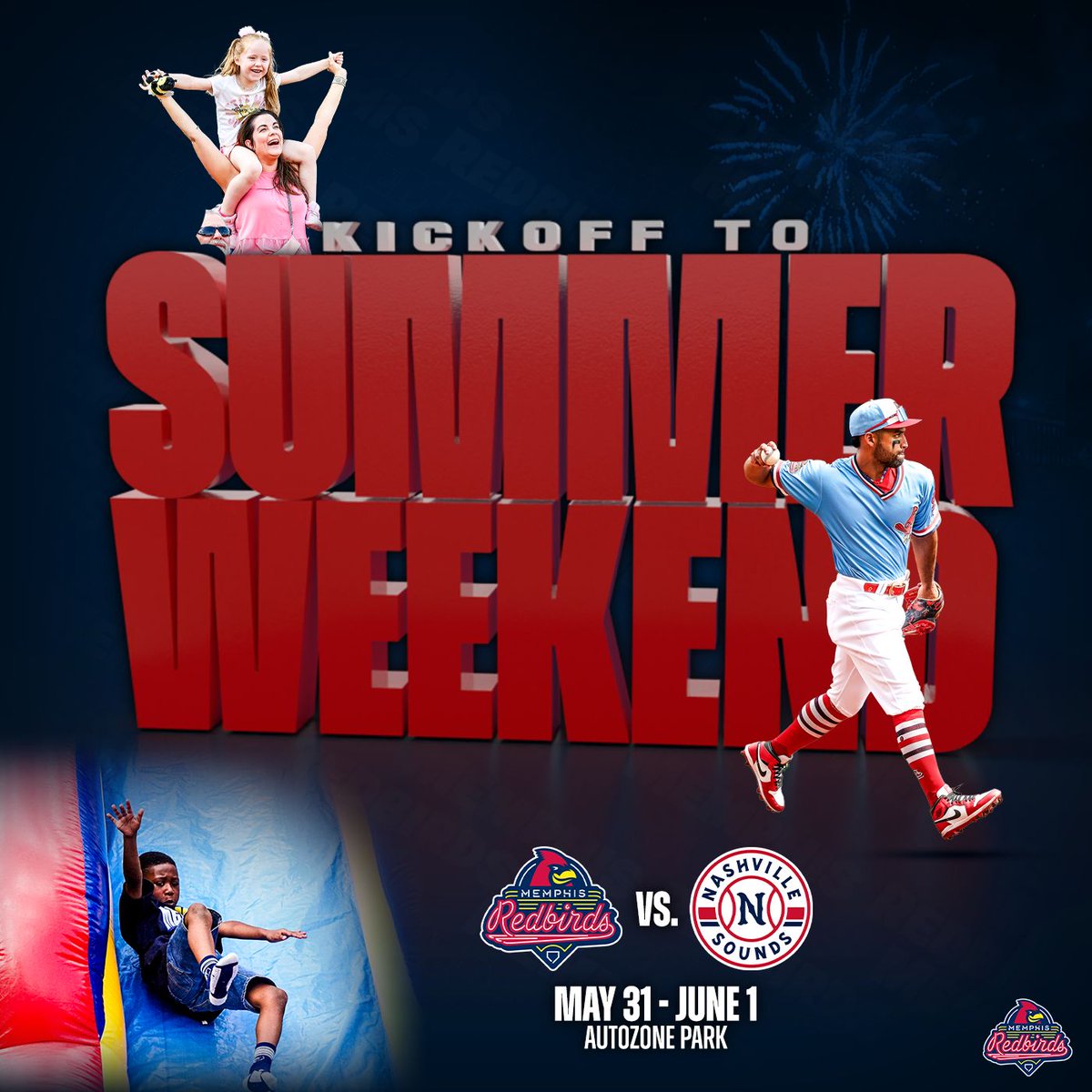 It's almost time for Kickoff to the Summer Weekend at AutoZone Park! ☀️ 🍻 😎 🎈 🖌️ Inflatables and face painters @ Old Bluff Fri. & Sat. 🆓 Pregame Plaza Party Sat. @ 4:30 p.m. 🏖️ Beach Towel giveaway first 1,500 fans Sat. 🎆 Postgame fireworks Sat. 🎟️ milb.com/memphis/ticket…