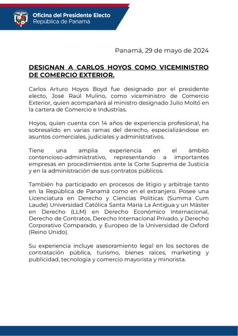 Carlos Arturo Hoyos Boyd fue designado por el presidente electo, José Raúl Mulino, como viceministro de Comercio Exterior