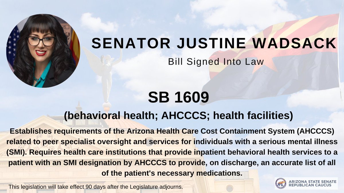 🚨Senate Republicans continue to advocate for improved care of Arizona's most vulnerable populations.

SB 1609, sponsored by @Wadsack4Arizona, was just signed into law to help those with serious mental illness. Read more on the legislation here: azleg.gov/legtext/56leg/…