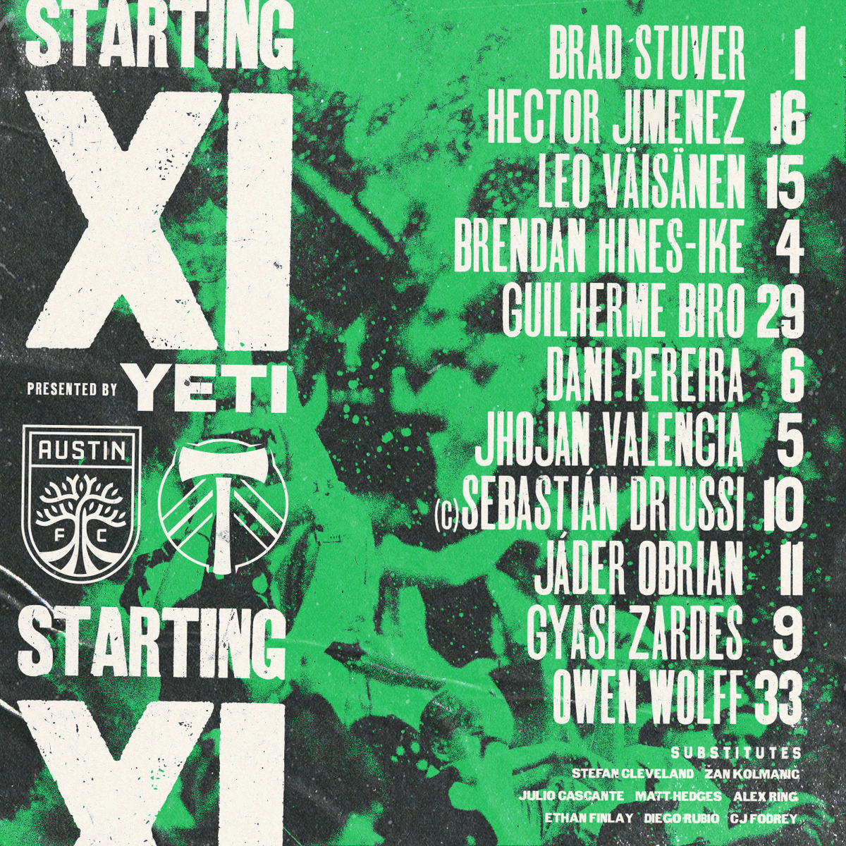Tonight's Starting XI against the Timbers. #AustinFC x @YETICoolers