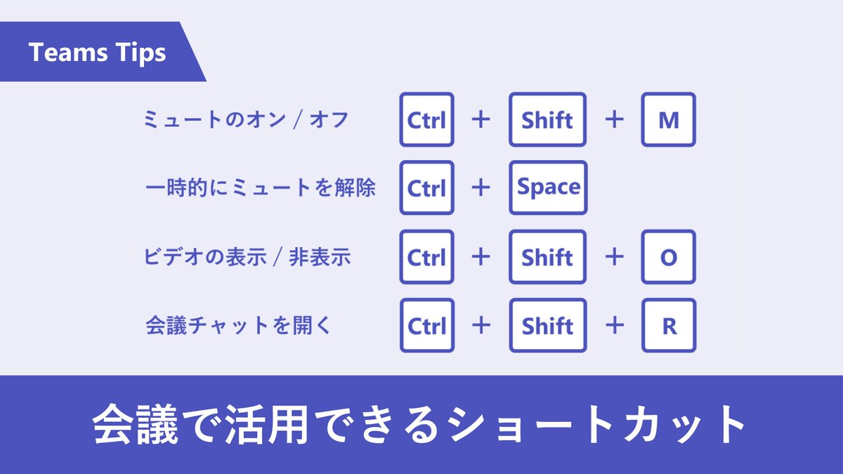 【 #Teams ：会議に関するショートカット】
会議中に音声のミュートを解除したり、ビデオを非表示にしたり、瞬時に切り替えたいときはありませんか？

そんなときに覚えておくと便利なショートカット キーをまとめました。
外出先でマウスを持ち合わせてない際にもぜひご活用ください！

#TeamsTips集