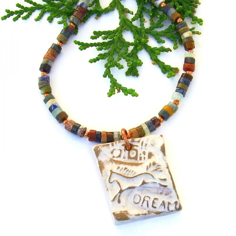 ShadowDogDesign's tweet photo. If you #dream of #horses, this #jewelry is for you: rustic ceramic running #horse pendant #necklace w/ mixed #gemstone heishe! via @ShadowDogDesign #ShopSmall #Handmae #HorseNecklace https://t.co/COwQu7XVsc https://t.co/rVtQNh3gVA