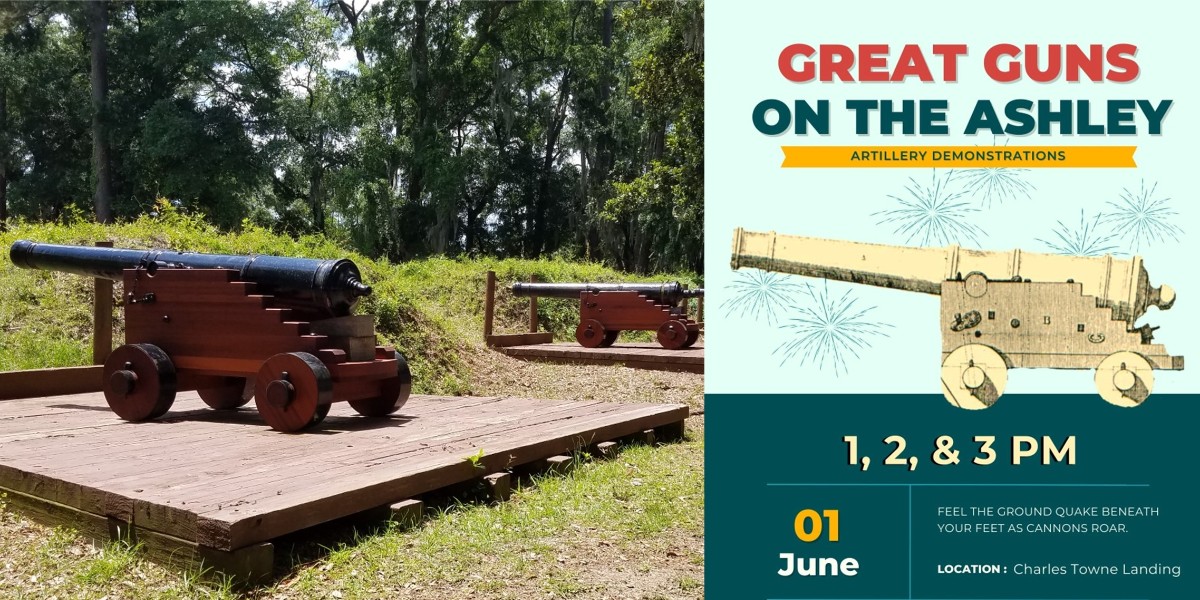 SC_State_Parks's tweet image. THIS SATURDAY at CHARLES TOWNE LANDING!
The Great Guns at CTL now have brand-new carriages! Come see them in action this Saturday and get your June started off with a "Boom!" Firings will take place at 1, 2, and 3 PM. More info 🔗 brnw.ch/21wKg9F