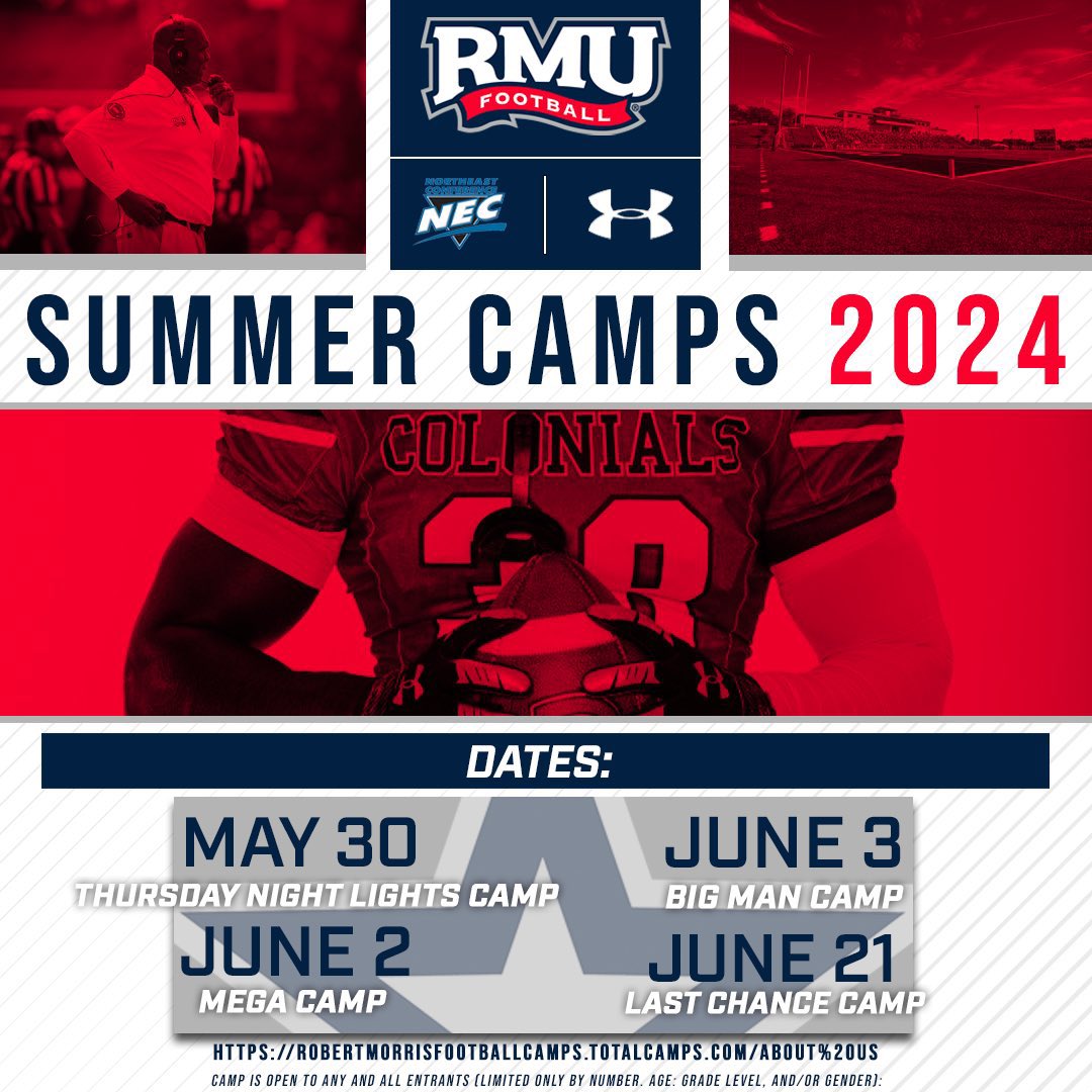 I’ll be attending @RMU_Football  camp tomorrow!!! Can’t wait to compete ! Let’s get it !! 🔥 @RMU @RMUAthletics @80sCane57 @CoachPlungasRMU @coachtyler34 @Rom34Smith