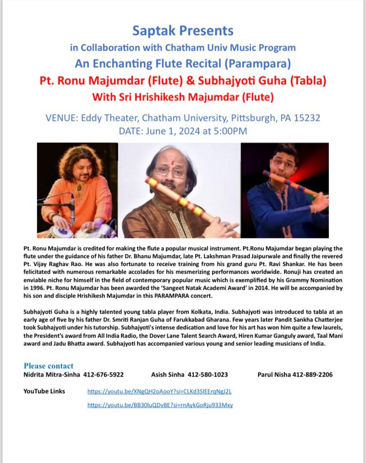 Our next concert is at Pittsburgh USA, at a prestigious venue Eddy Theatre, Chatham University on 1st June 2024

#usatour #indianclassicalmusic #bansuri #tabla