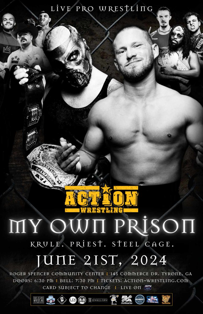 We return to Tyrone, Georgia on Friday, 6/21 with My Own Prison featuring @AtrocityKrule defending the IWTV Independent Wrestling World Championship against @Adam_Priest_ in a Steel Cage Match! Thanks to our sponsor @DnAsEvolution 🎟️action-wrestling.square.site