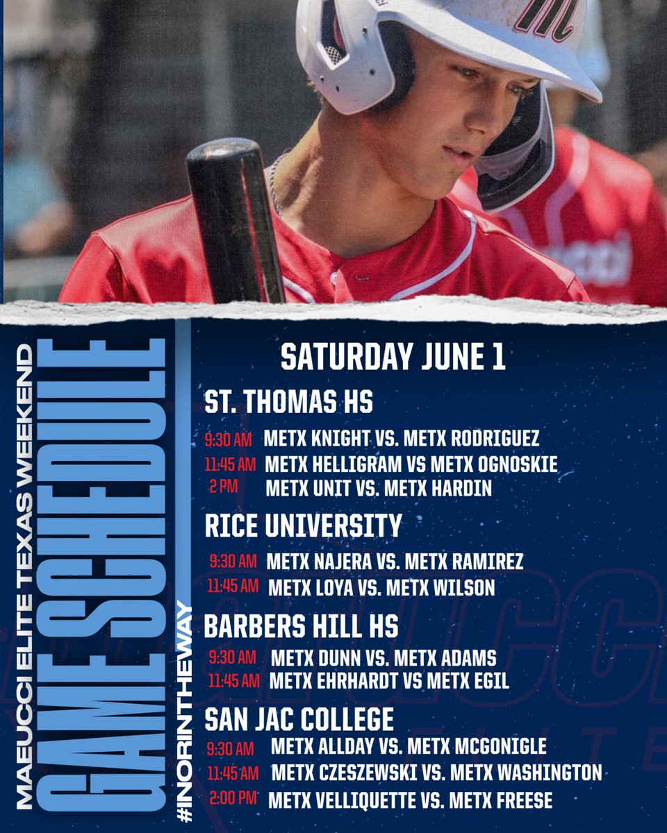 🚨 Marucci Elite Texas Weekend 🚨
Saturday’s schedule is out!! Get out and watch some of the top high school players in the region get after it! 
#InOrInTheWay
#WeAintForEverybody
@MarucciEliteTX 
@MarucciEliteCTX 
@METxDallasFW