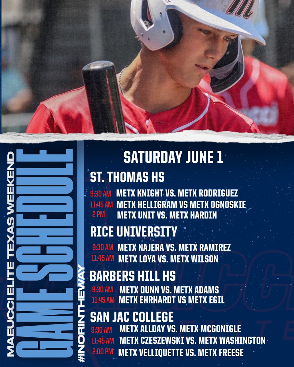 METx Recruiting (@recruitmetx) on Twitter photo đ¨ Marucci Elite Texas Weekend đ¨
Saturdayâs schedule is out!! Get out and watch some of the top high school players in the region get after it!
#InOrInTheWay
#WeAintForEverybody
<a href="/MarucciEliteTX/">Marucci Elite Texas</a>
<a href="/MarucciEliteCTX/">Marucci Elite Central TX</a>
@METxDallasFW đ¨ Marucci Elite Texas Weekend đ¨
Saturdayâs schedule is out!! Get out and watch some of the top high school players in the region get after it!
#InOrInTheWay
#WeAintForEverybody
<a href="/MarucciEliteTX/">Marucci Elite Texas</a>
<a href="/MarucciEliteCTX/">Marucci Elite Central TX</a>
@METxDallasFW