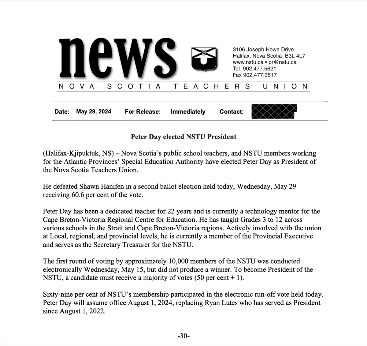 NSTeachersUnion's tweet photo. Members of the Nova Scotia Teachers Union have elected Peter Day as President.

He defeated Shawn Hanifen in a second ballot election held today, Wednesday, May 29 receiving 60.6 per cent of the vote. https://t.co/8WrakdeI9F