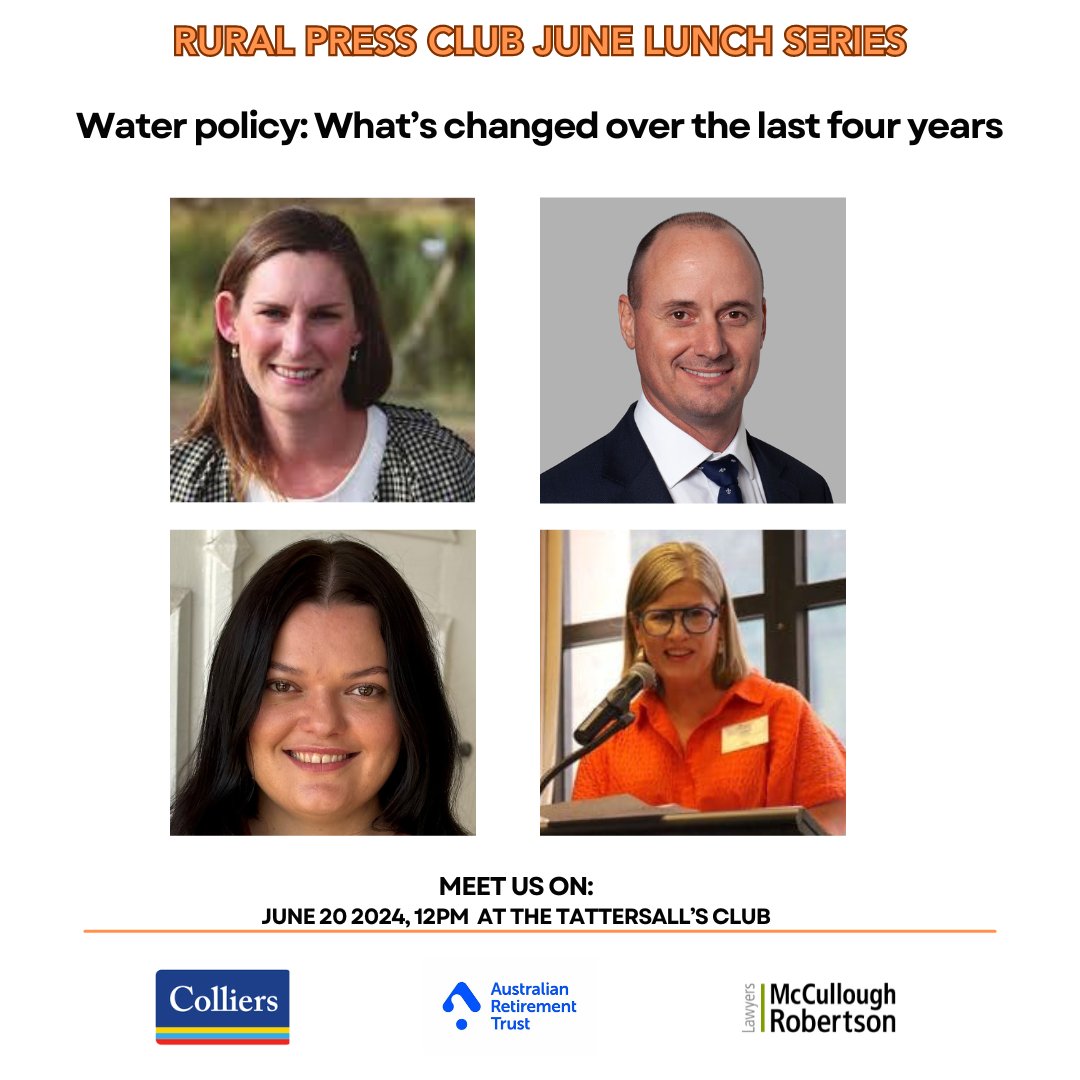 On 20th June, Zara Lowien of the National Irrigators'​ Council ; Nick Waters of Riparian Capital Partners and Marti Beeston of One Basin CRC in conversation with RPC Committee Member Arlie Felton-Taylor will discuss developments in Water Policy.  Join us: ruralpressclub.com.au/events/event/w…