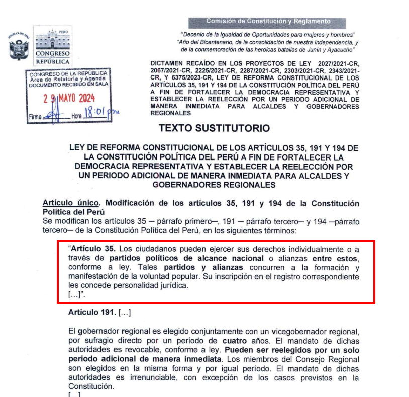 #ÚLTIMO | Acaban de incorporar de contrabando una propuesta de reforma para modificar el artículo 35 de la Constitución y eliminar del mapa a los movimientos regionales. (Esto no estaba en el dictamen aprobado en noviembre del 2023. Hoy recién fue incorporado por Martha Moyano).