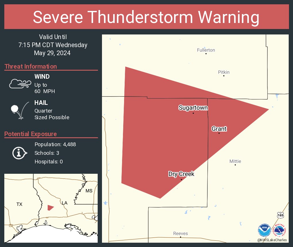 Severe Thunderstorm Warning continues for Sugartown LA, Grant LA and  Dry Creek LA until 7:15 PM CDT